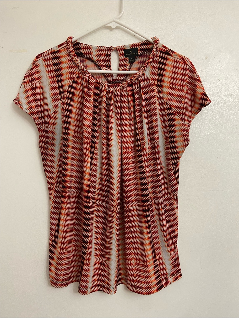 Worthington Red Orange and Cream Patterned Cap-Sleeve Blouse